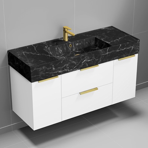 Nameeks DERIN981 Modern Bathroom Vanity With Black Marble Design Sink, Wall Mounted, 48 Inch, Glossy White